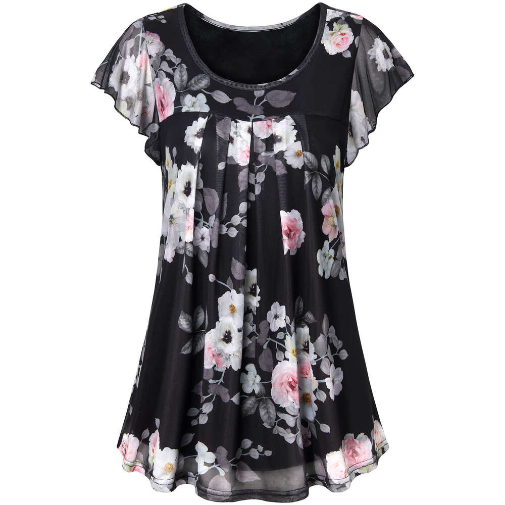 2024 Summer Mesh Top Women's Loose Pleated Printed Flowing Chiffon Shirt Sling floral skirt vacation beach