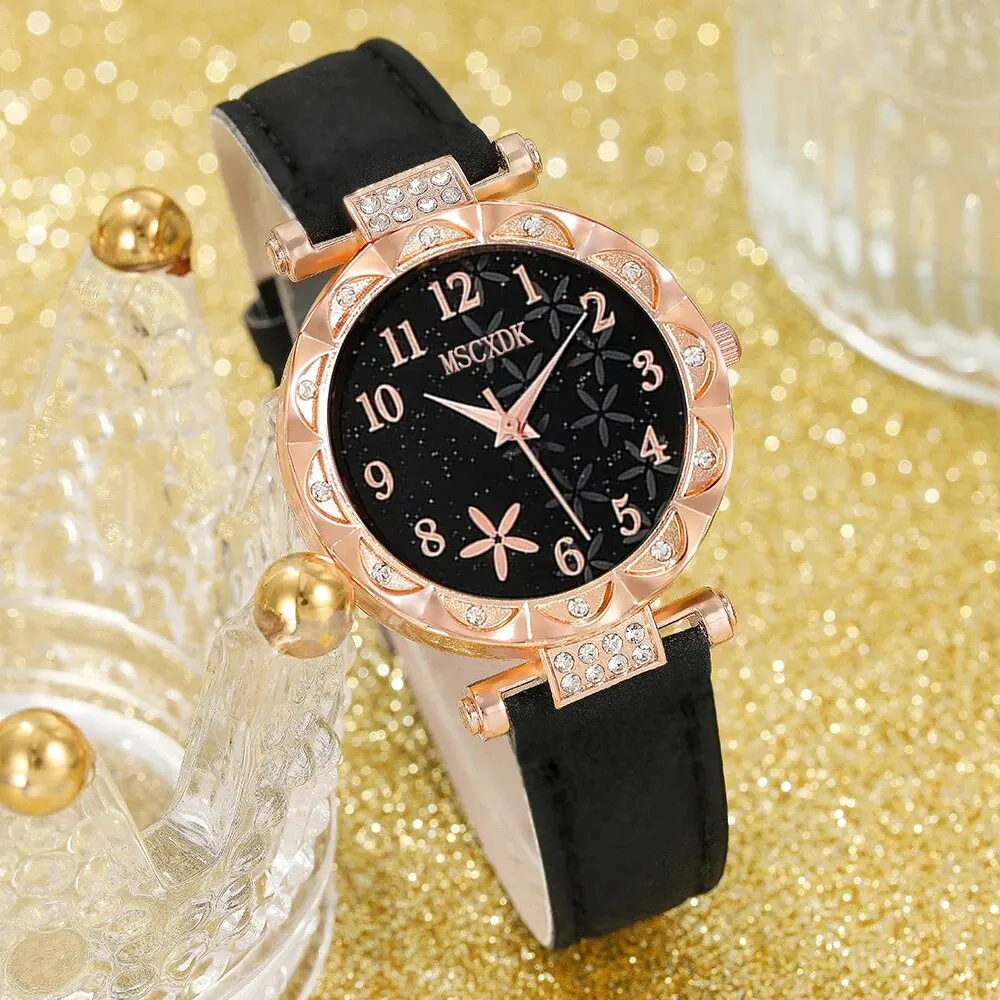 6pcs Black Flower Quartz Watch Dainty Bracelet For Women Leisure Casual 2025 Round Rhinestone Hollowed new Pattern Bracelet Set