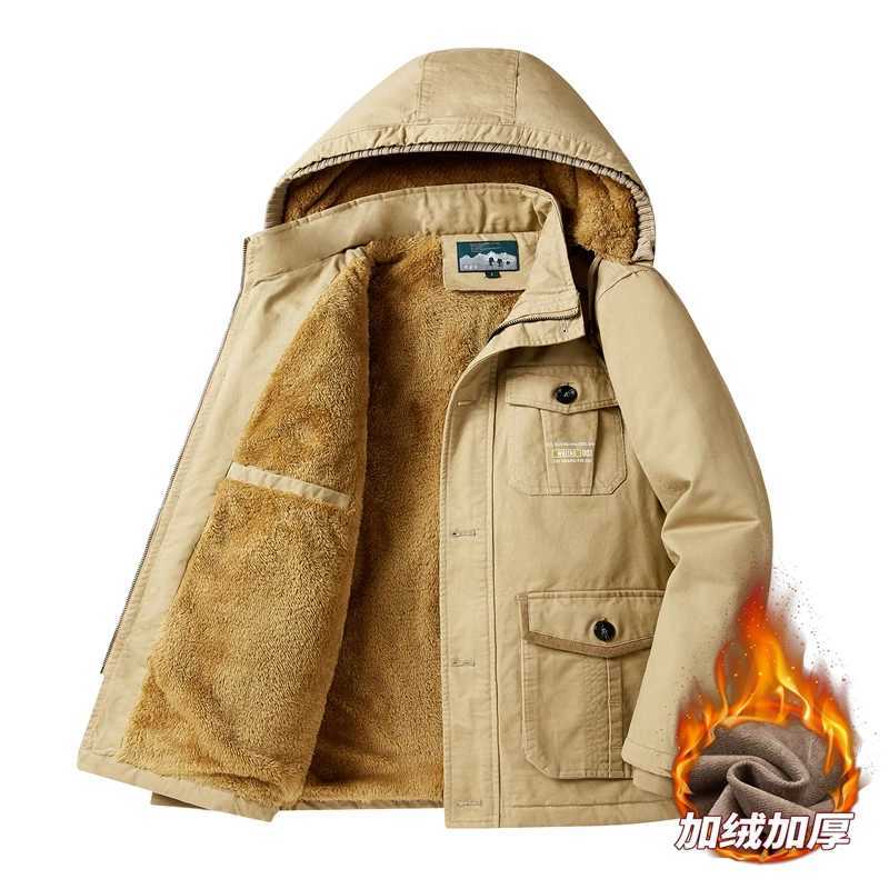 Mens suitable winter coat LTI pocket cargo solid zipper jacket mens long winter coat hooded casual and warm Parkas 6XL W241102