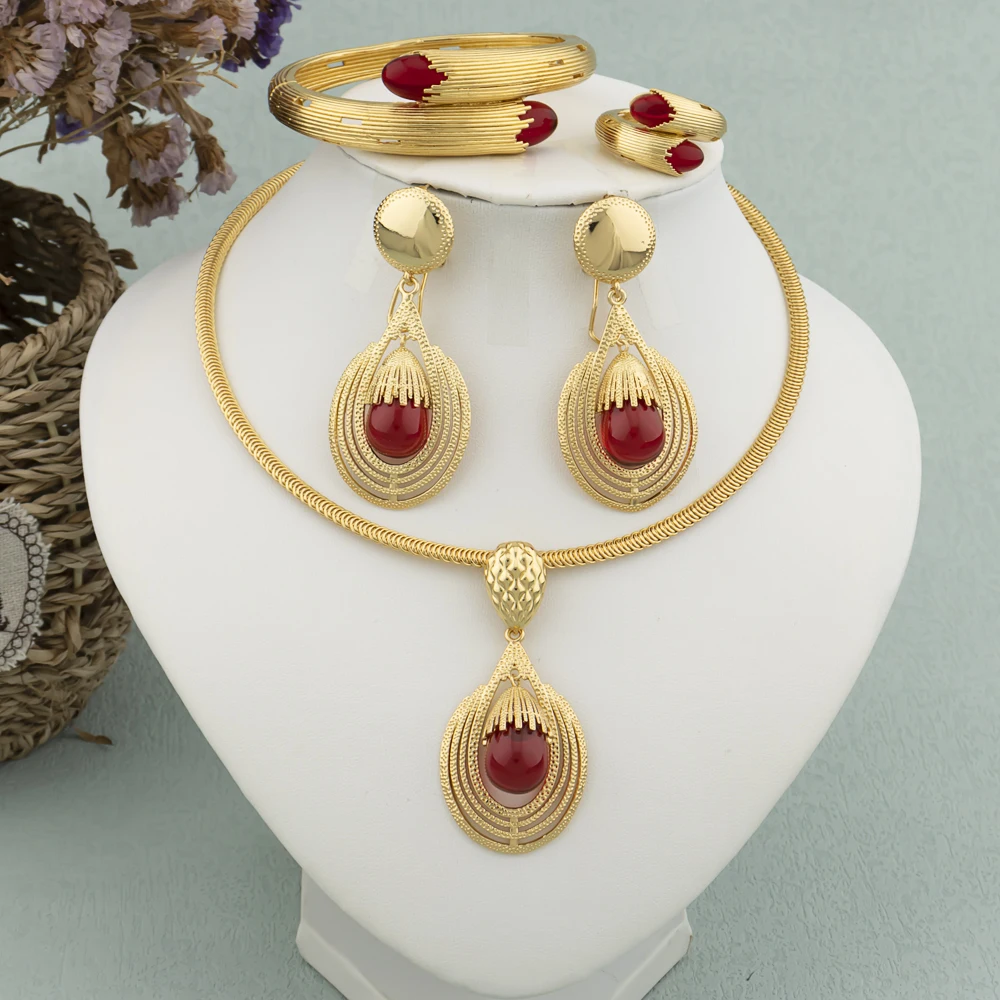 4 pcs Women Dubai Jewelry 2025 Sets Italy Drop Earrings Gold Plated Female Necklace Bracelet Ring Engagement Bridal new Jewelry Gift