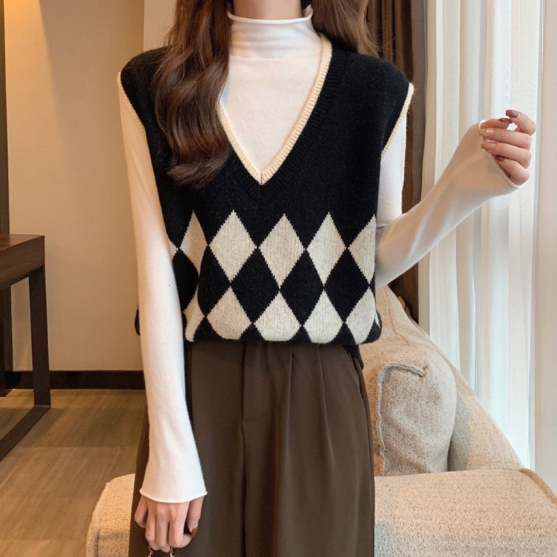 Korean Version Autumn And Winter New Item Loose Outer Diamond Grid Knitted Sweater V Neck Women Vest F1102#29