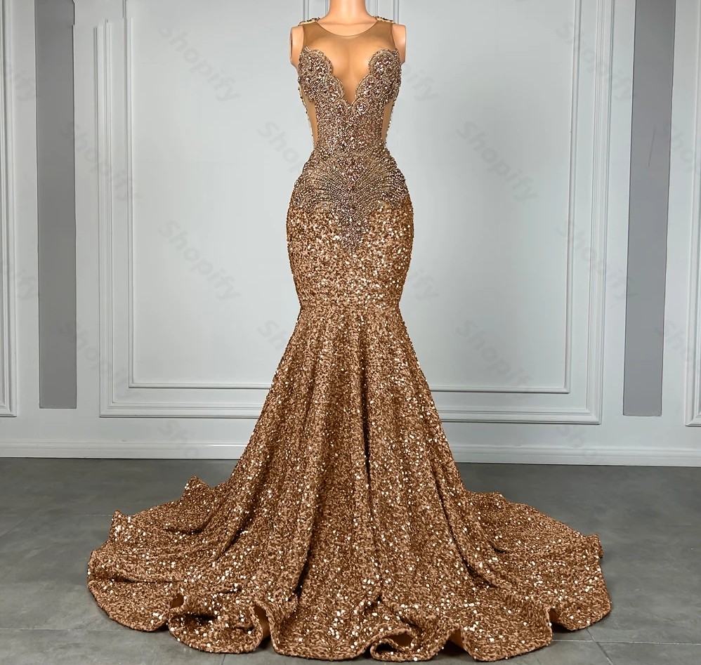 2024 Sparkly Brown Dia Long Prom Dress for Black Girl Beads Rhie Gold Sequin Mermaid Women Evening Birthday Party Gowns Robe De Soiree
