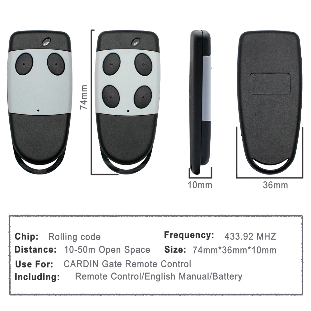 Cardin S449 QZ2 QZ4 Garage Remote Control CARDIN TXQ449100 TXQ449200 TXQ449300 TXQ449400 433.92MHz Gate Keyfob