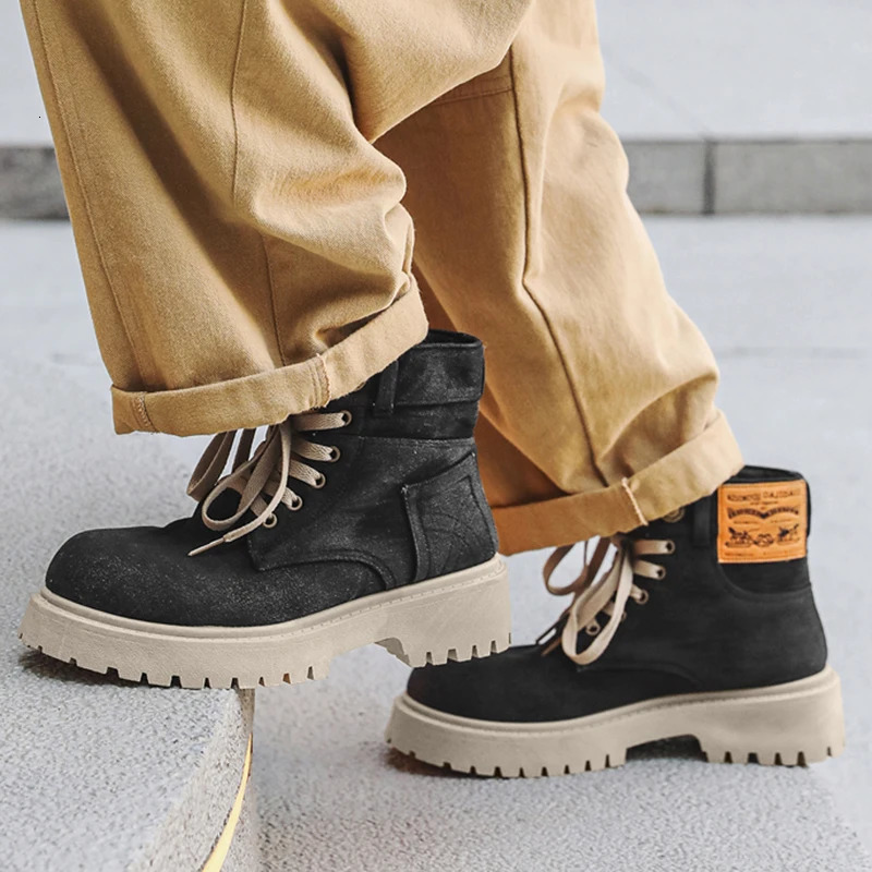 Mens platform denim boots retro n Ankle shoes mens high-quality comfortable boots cool casual lace up outdoor shoes 241031