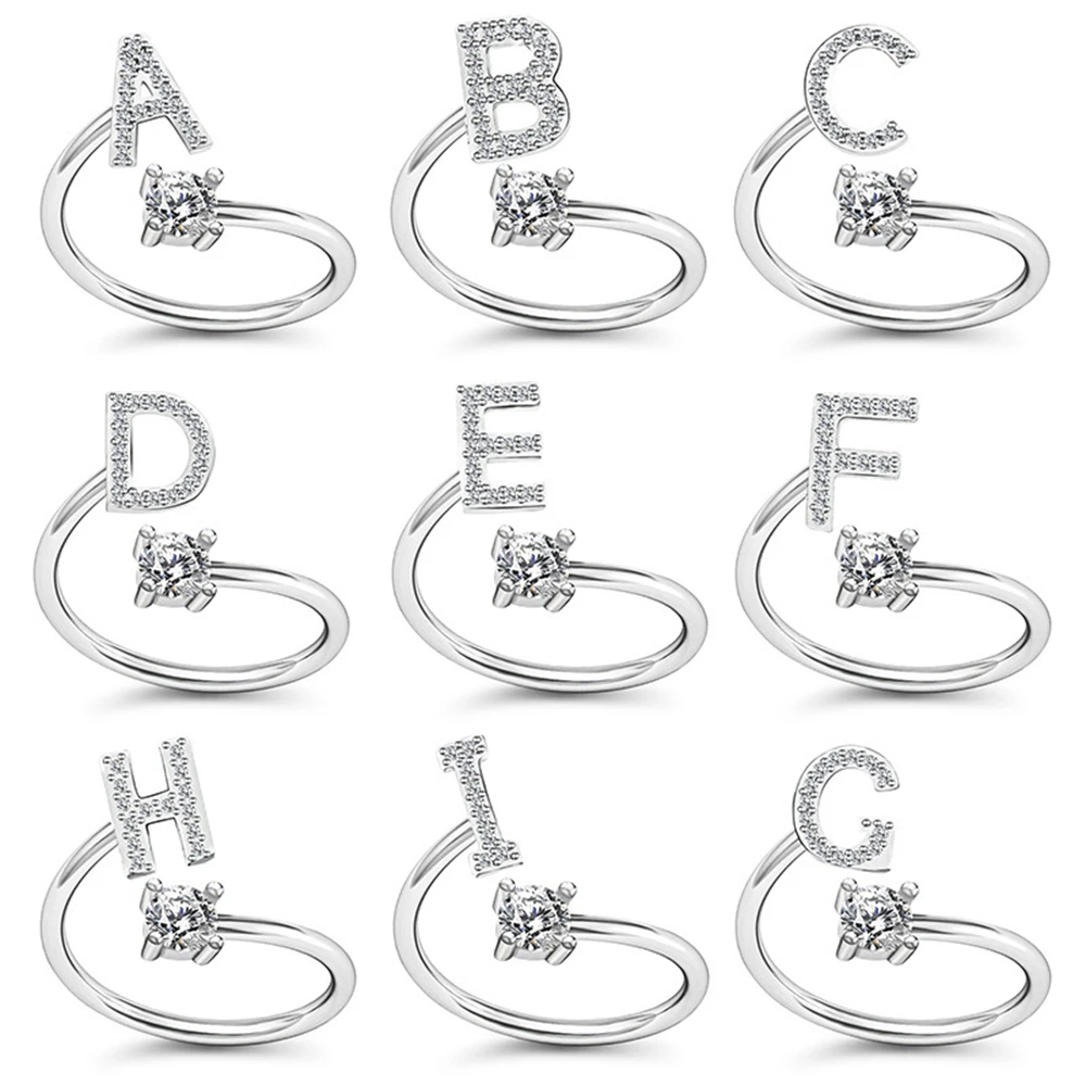 A-Z Letter 2025 Adjustable Opening Rings For Women Alphabet Name Initials Ring new Crystal Rings Bridesmaid Wedding Gift