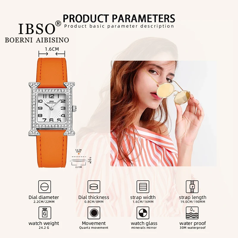 IBSO new 2023 New Women Rectangle Watches Japanese Quartz Movement Ultra-Thin 2025 3ATM Waterproof Full Dia Genuine Leather