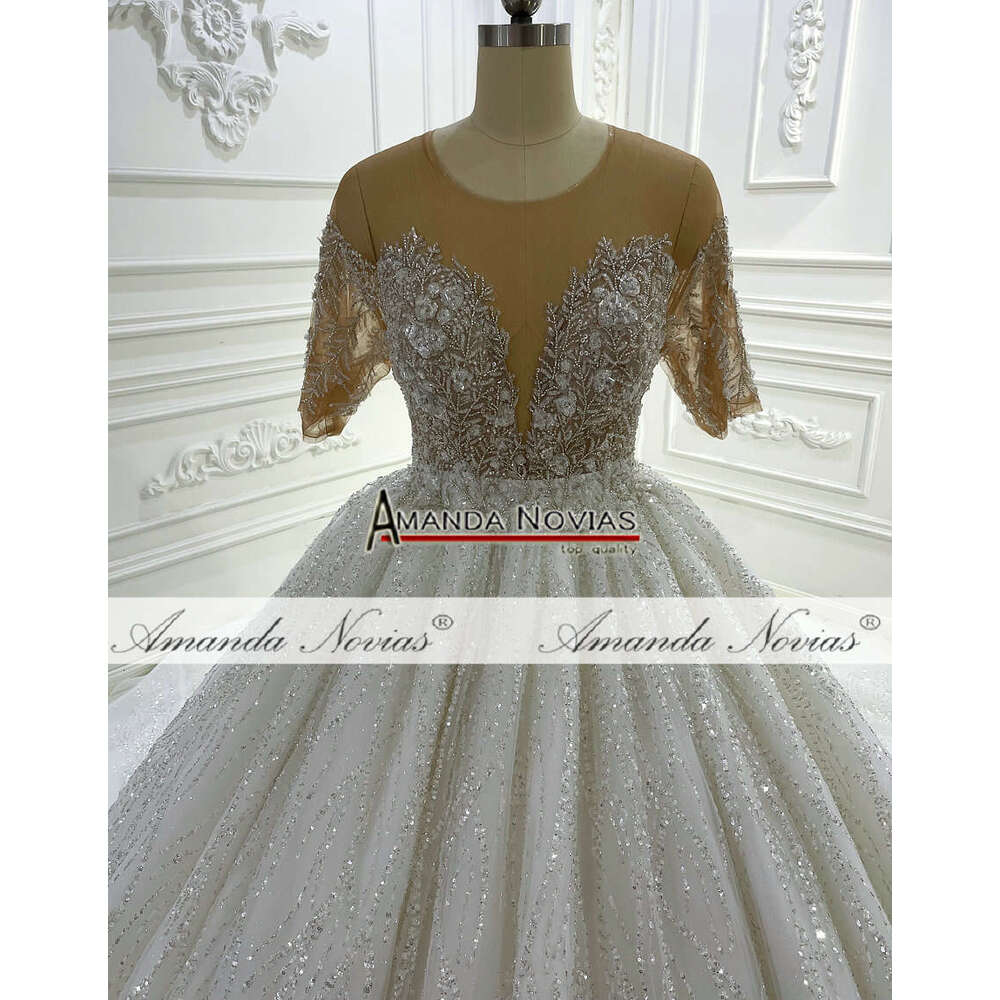 Simple Short Sleeve V-neck Sequin Lace A-e Wedding Dress