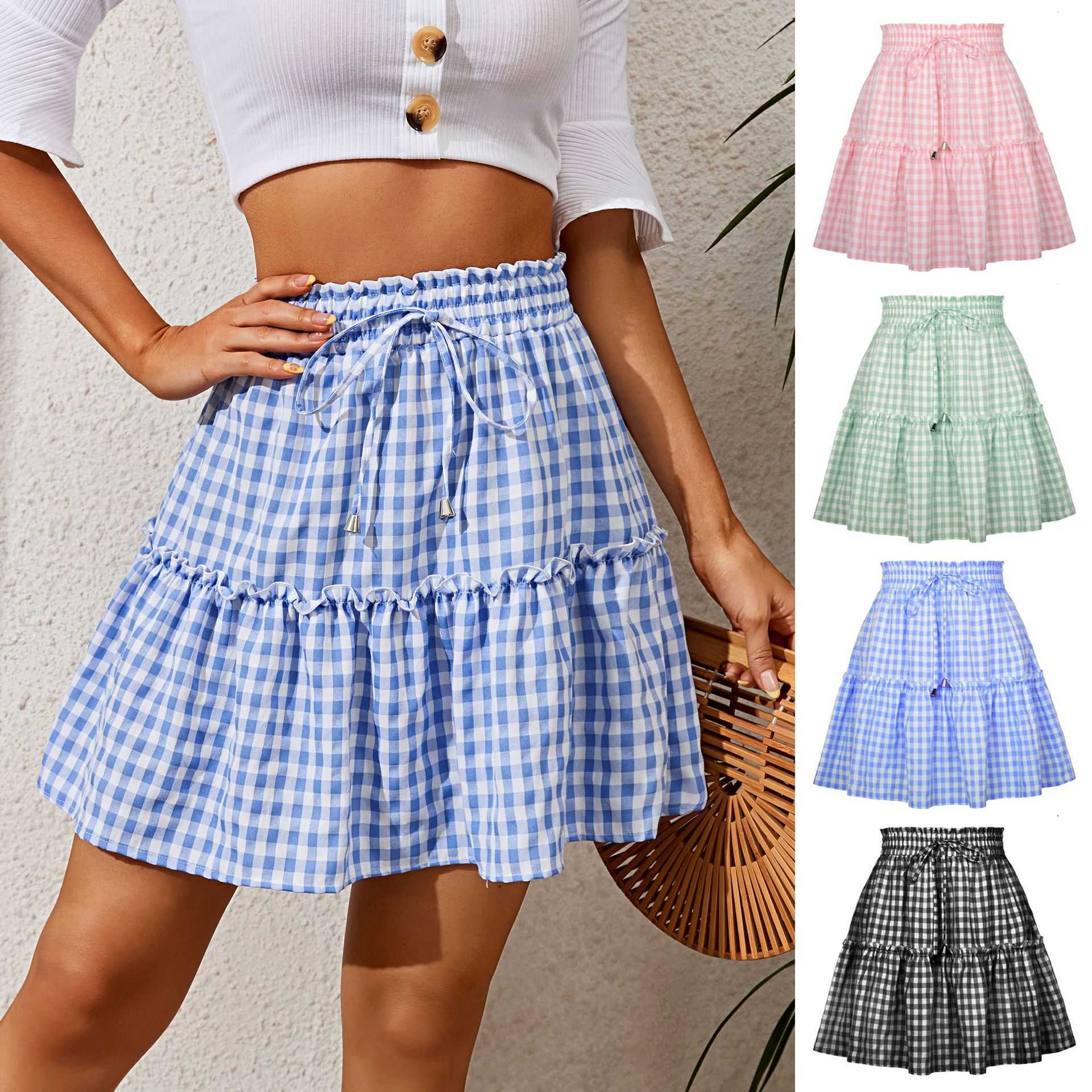 Pleated Plaid Skirt Clothes For Women Printed Vintage Ruffle Skirt WoMens High Waist Elastic Short Ball Gown Skirt Length Adult Skirts 241023
