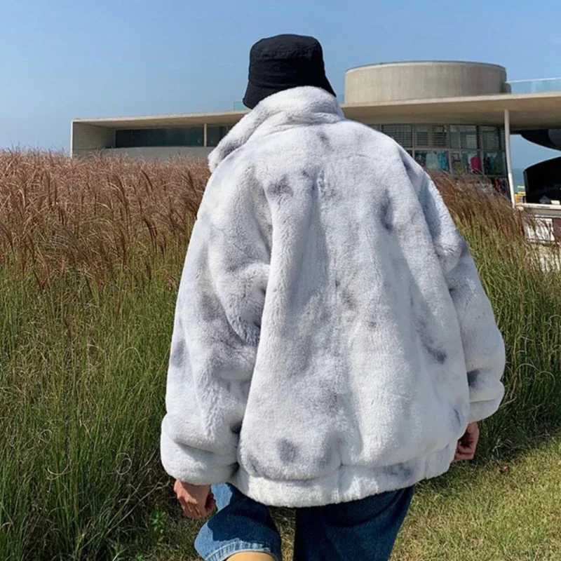 New Winter Tie-dye Lambswool Jacket Men Rabbit Hair Stand-up Collar Plus Size Loose Thickened Warm Men and Women Cotton ClothingXJ241102
