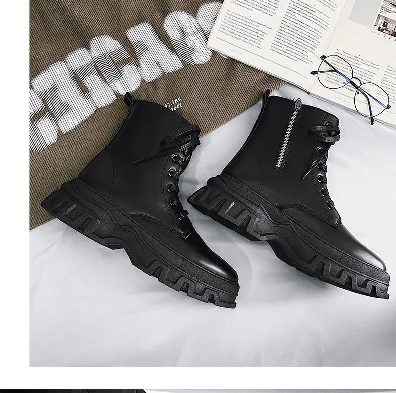 Mens leather fashion boots waterproof lace short ankle boots mens outdoor platform high top motorcycle boots 241031