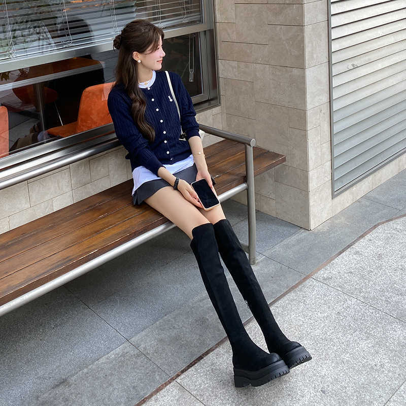 CMM Knight Boots Womens Western Cowboy High Boots Thick Fleece Sole Elastic and Slim Over the Knee Boots Fleece Long Boots Autumn and Winter