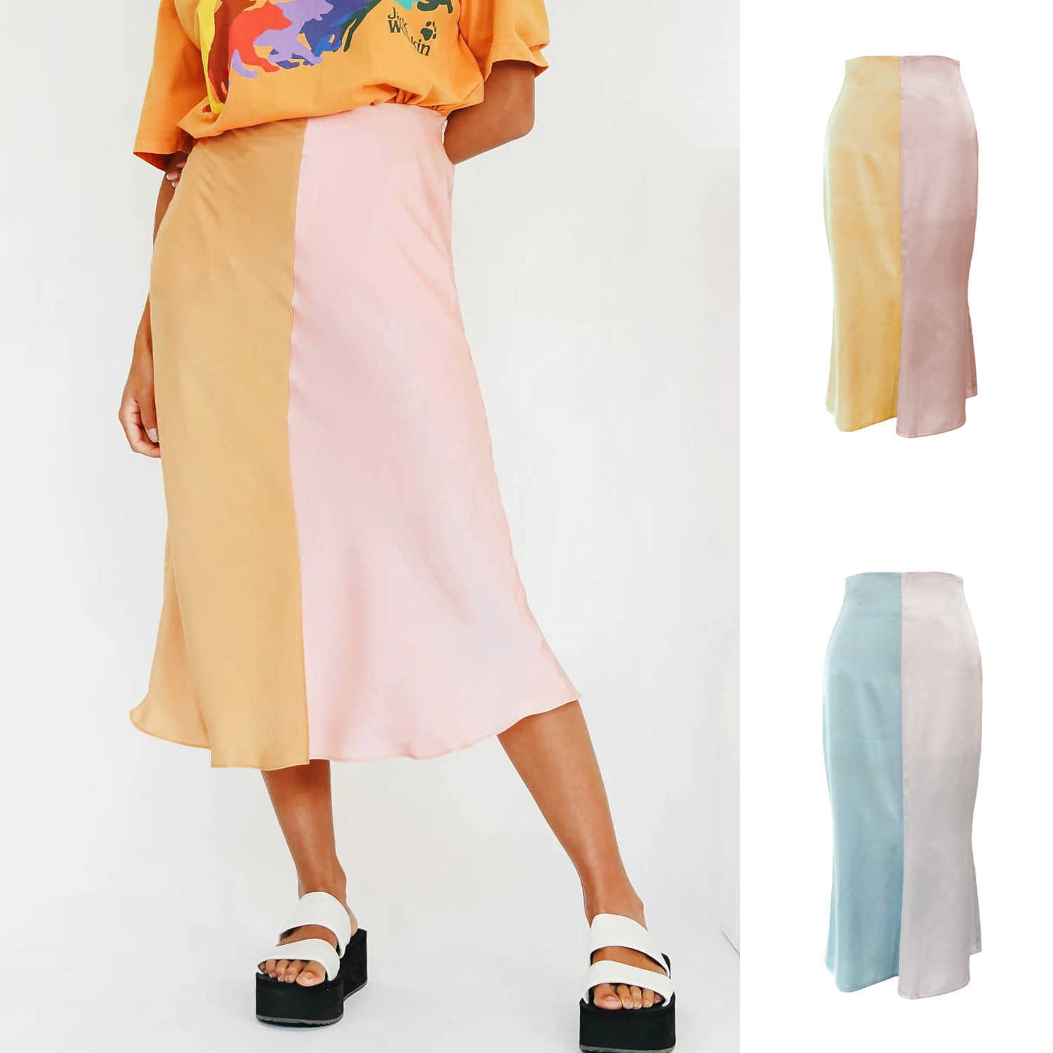 Women Two-tone Color Long Skirt Spring Summer WoMens Fashion Skirt High Waist Zipper Satin Color Matching Dress Length Adult Skirts 241023