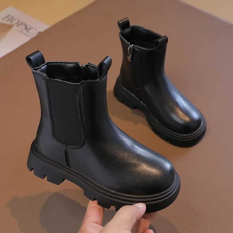 British Sle Childrens Girls Boots Black Leather Boots for Preschoolers Childrens Edition Fashion Ankle Boots Thick Bottom New M241102
