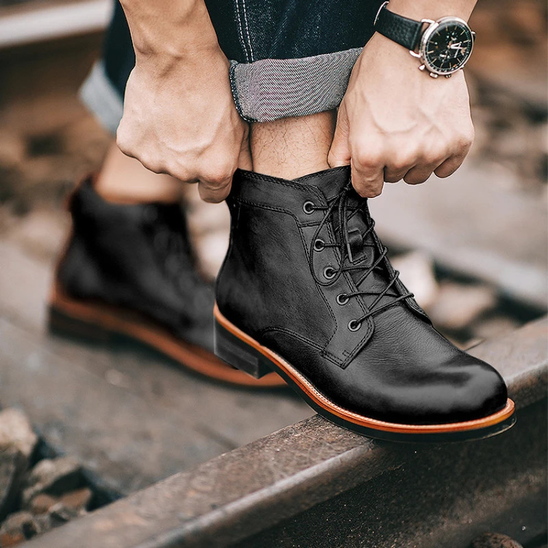 Handmade leather mens boots retro round toenails mens boots punk street style mens motorcycle boots botas para hombre 241031