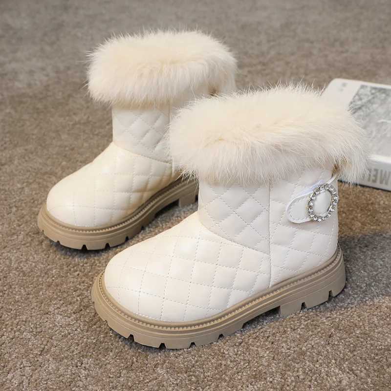 Girls leather shoes warm plush solid color childrens short boots Rhine stone anti slip childrens fashion boots fully matched anti slip M241102