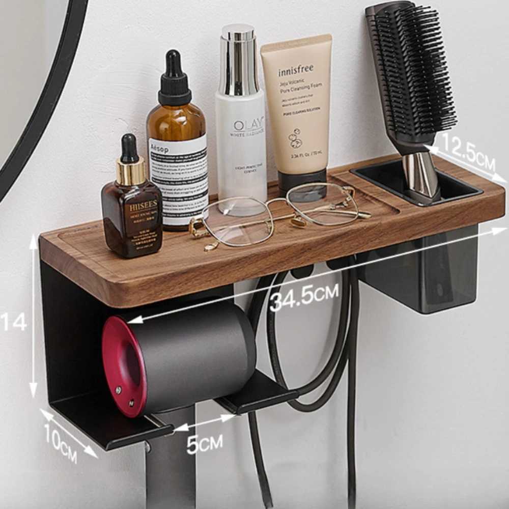 Hair Dryers Hair Dryer Holder Wall Mounted wall-mounted punch-free solid wood storage rack hair dryer rack bathroom hair dryer storage shelf 240401