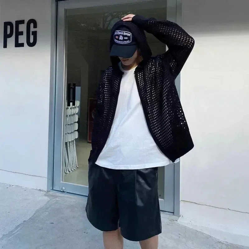 Hollow Out Hooded Cardigan for Men SpringSummer Korean Loose Mesh Trend Lazy Coat Casual Zipper Knitted Jacket High Streetwear 241024