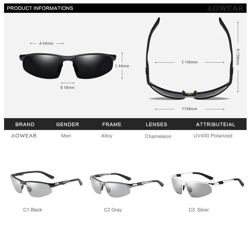 AOWEAR pochromic sunglasses for men polarized day and night driving glasses high-quality aluminum edge chameleon glasses Gafas 241031