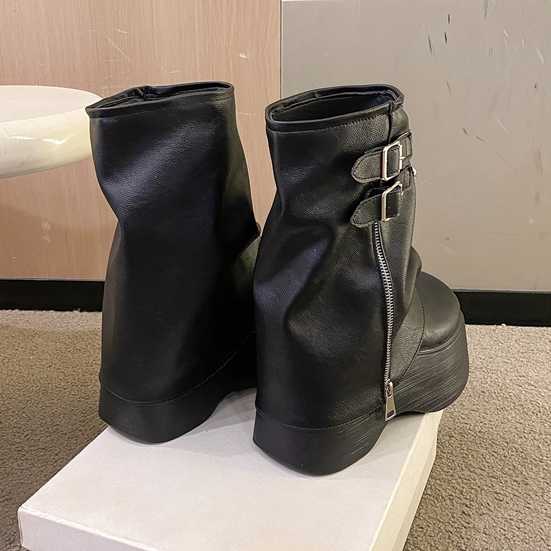 Soft Leather Ankle Mid Calf Winter Autumn High Platform Wedge British Booties Woman New Ladies Chunky Motorcycle Boots 9Cm