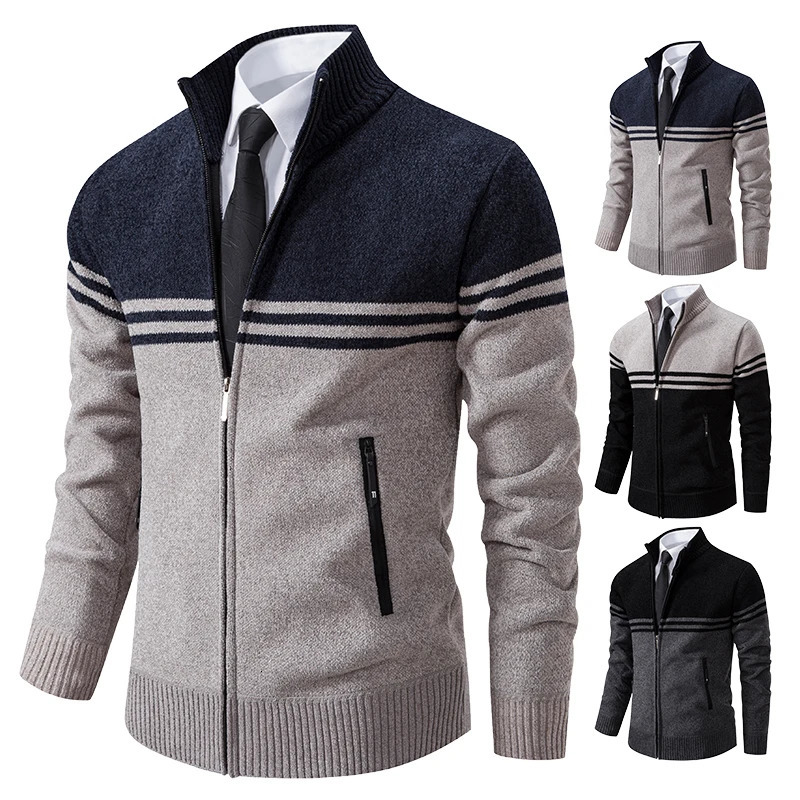 Mens Winter Sweater Thick Fleece Warm Casual Stand Collar Zipper Cardigan Fashion Striped Coat 241024