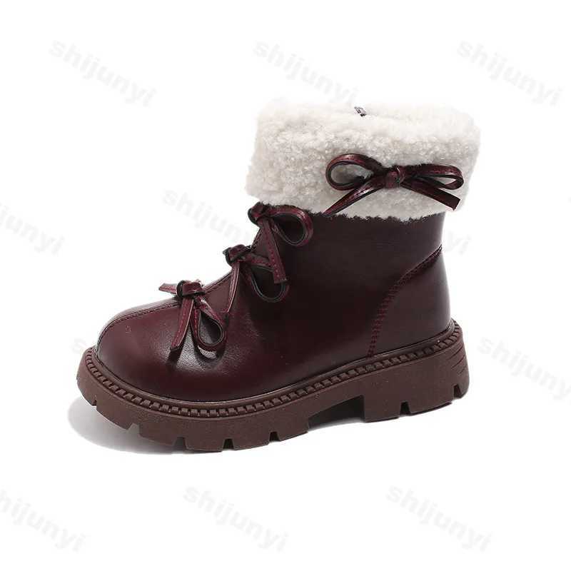 New winter boots suitable for girls design bow tie childrens flat fashion boots thick faux fur warm childrens cotton snow boots M241102