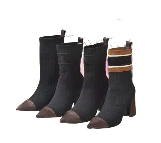 Designer Women Sock Shoes Knitted Elastic Letter Thick Heels Sexy High Heel Silhouette Ankle Boots Black Stretch Boot Winter