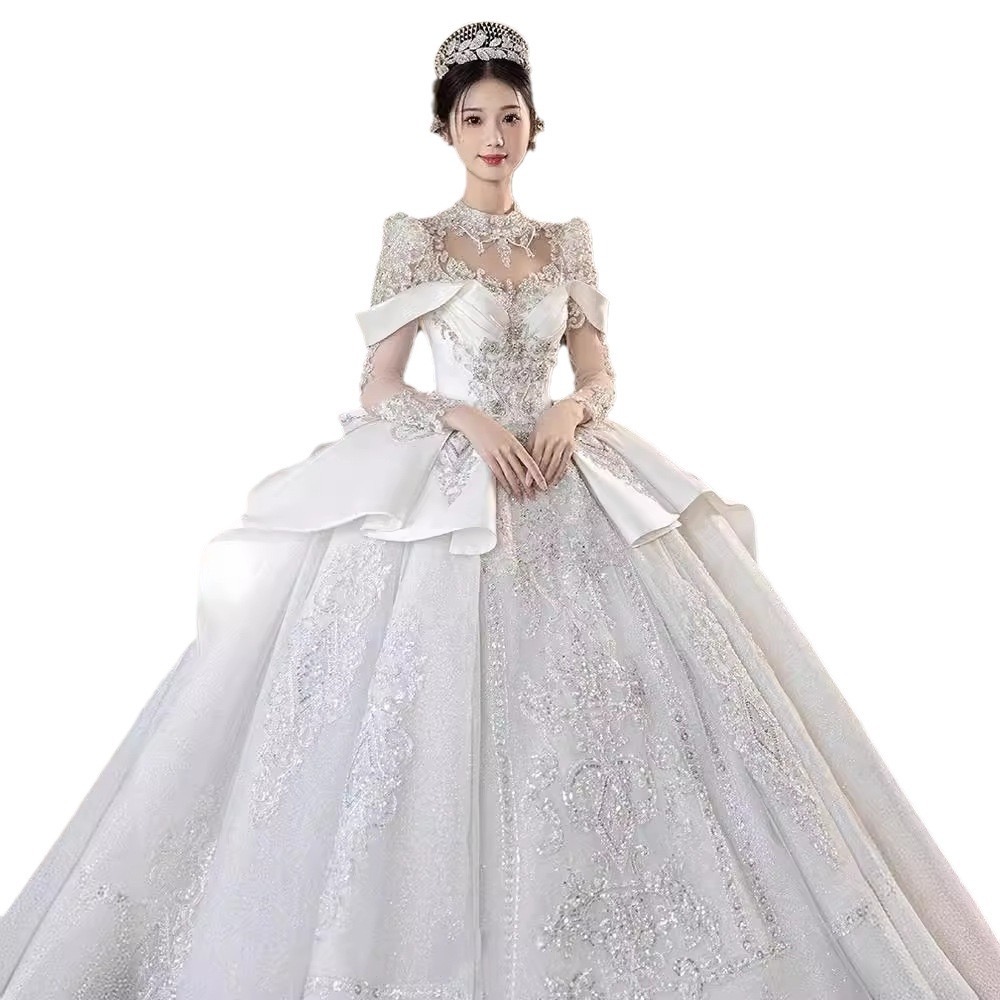 Cystal Beading Vintage ball gown new P Africa Bridal Gowns With sweep Train Long Sleeve Perspective White Dress Wedding Bridesmaid Vestido