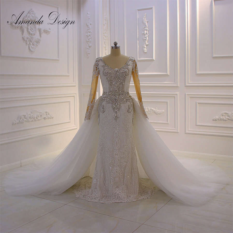 Design Amanda Robe De Mariage Sirene Long Sleeve Rhie Detachable Skirt Wedding Dress tachable