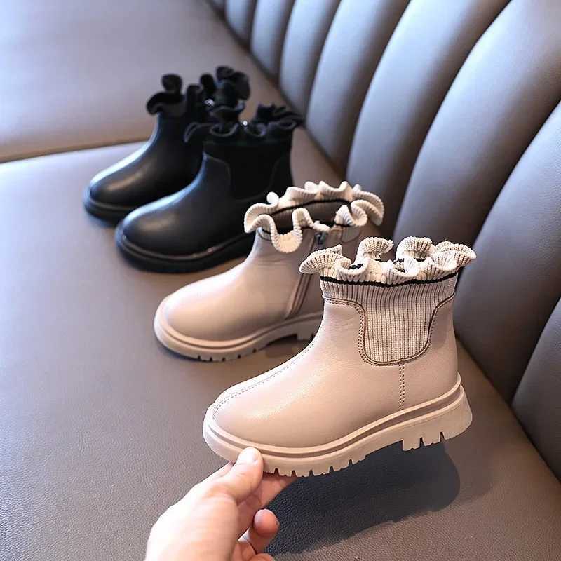 New Princess Knitted Short Boots Little Girls Casual Shoes Autumn Warm Childrens Leather Boots M241102