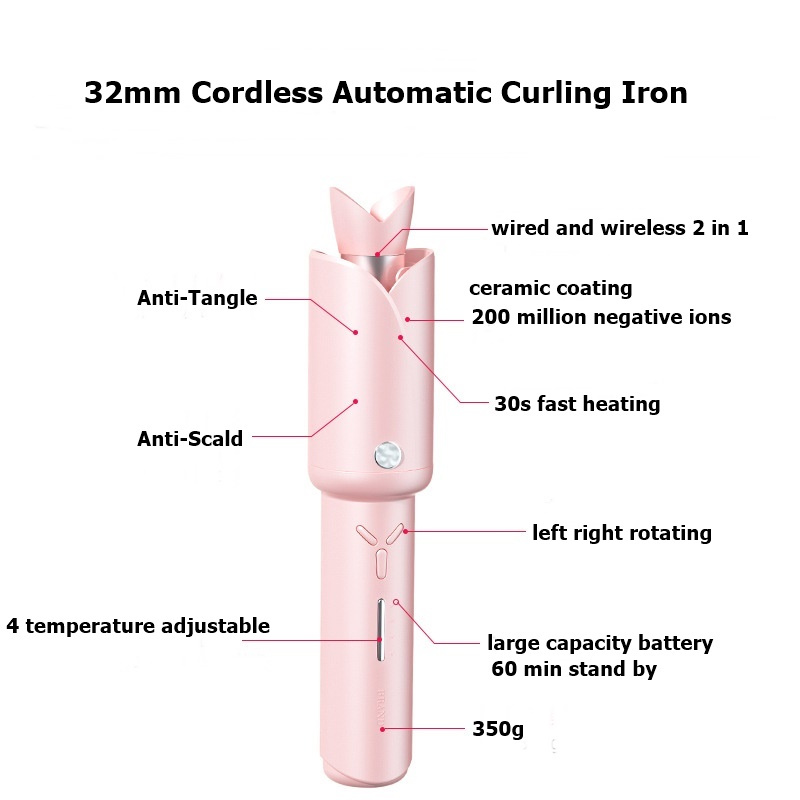 Cordless Automatic Iron 32mm Rotating Curling Wand Anti-scald Tangle-free For Easy Curls, Travel Hair Curler Portable, Rechargeabl Pink Purple Rizador