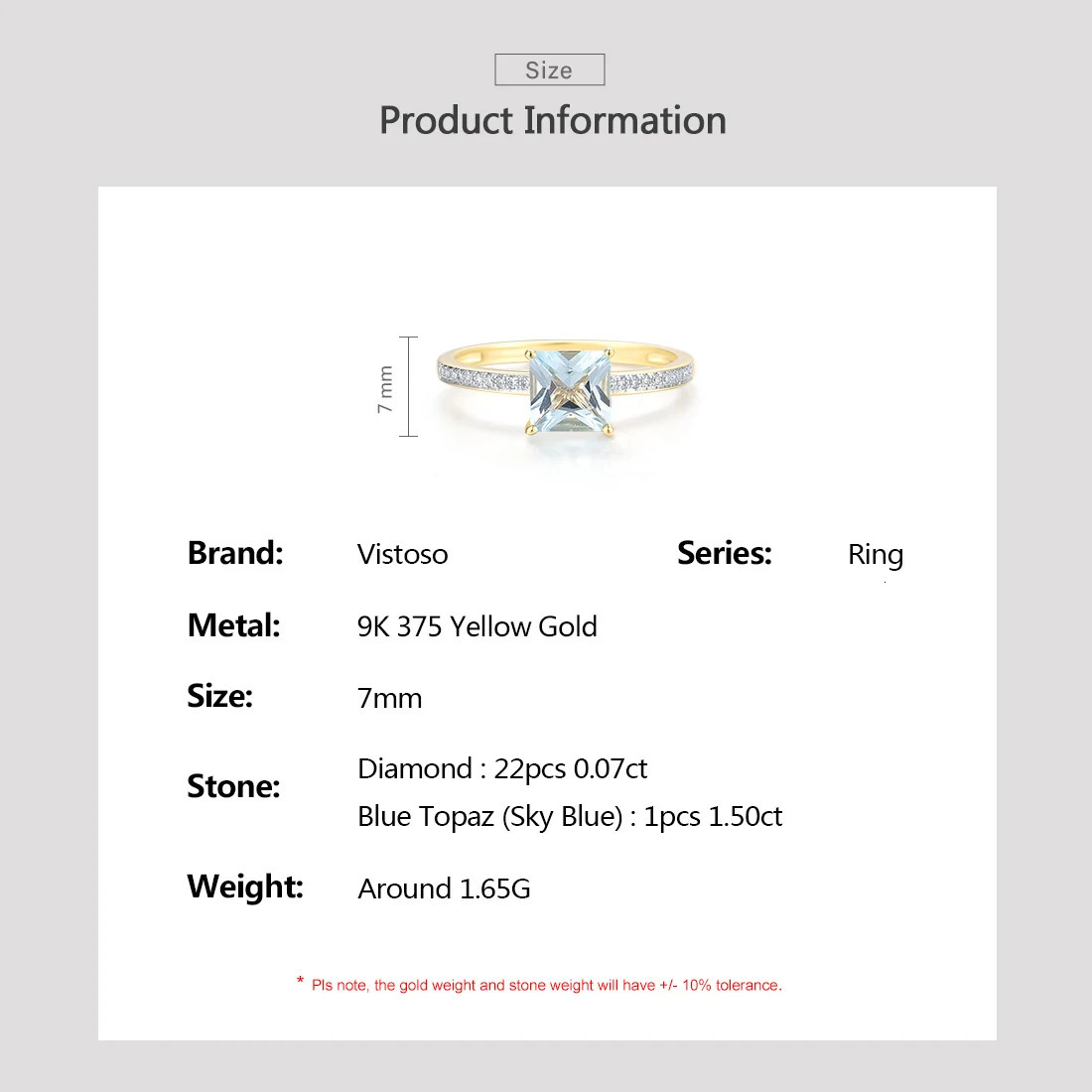 VISTOSO Genuine 9K 375 Yellow Gold Ring For Women Sparkling Diamond Blue Topaz Minimalism Daily Wear Solitaire Fine Jewelry 240402