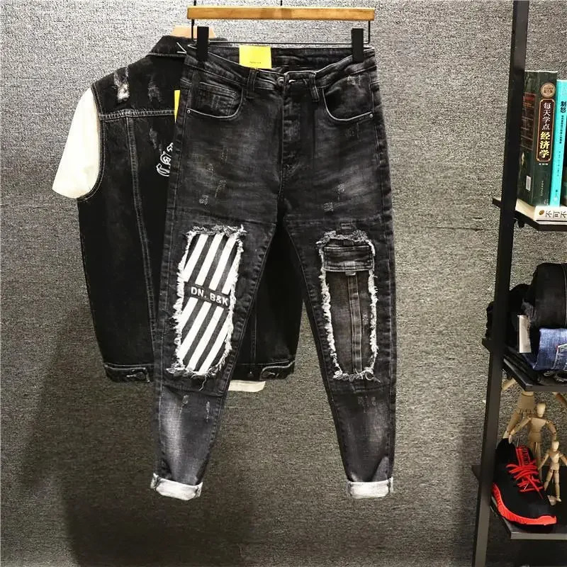 Trousers Patch Broken Elastic Mens Jeans Punk Man Cowboy Pants with Holes Tapered Torn Stretch Ripped Xs High Quality Washed 241024