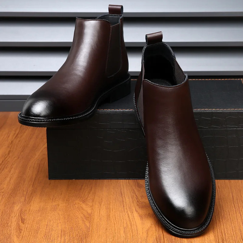 Men's Solid Color Leather Ankle hot Boots for Fall/Winter 2024 - Warm Wool Lining