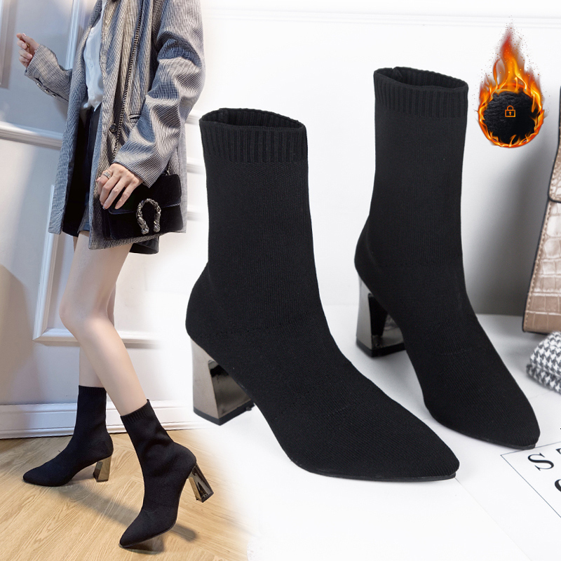 2022 Spring And Autumn New Pointed Soc, Thin Boots, Breathable Flying Woven High Heels, Solid Color All-Match Women's Boots