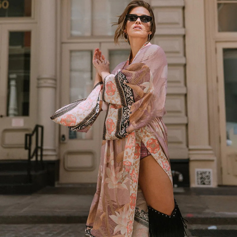 Floal Bikini Cover-ups Pink Boho Print Self Belted Front Open Long Kimono Dress Beach Tunic Women Swim Suit Cover Up 240315