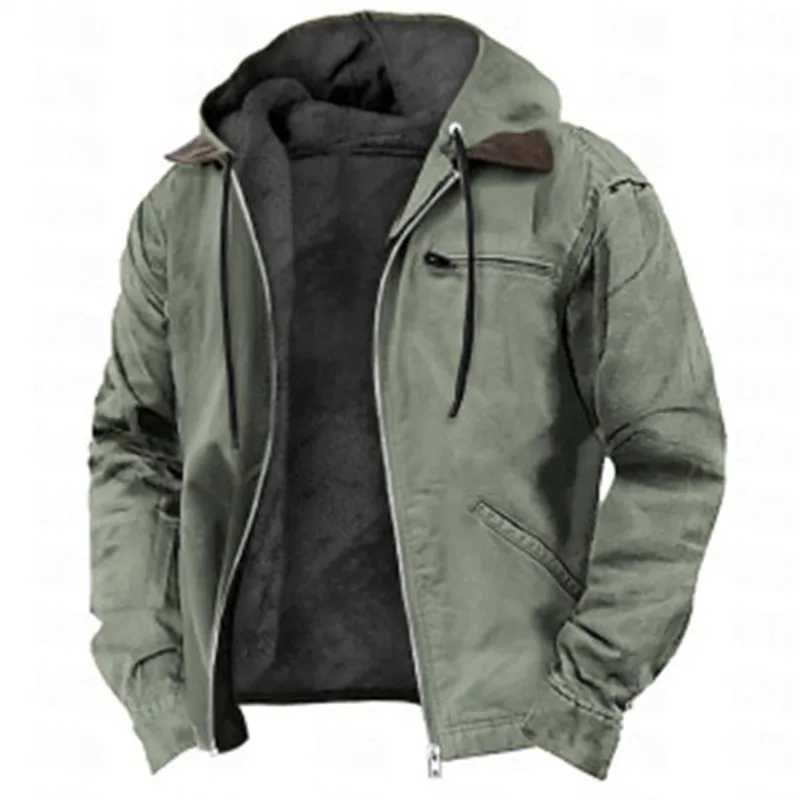 Winter New Mens Casual Jacket Hoodie Zipper Pocket Fashion Solid Color Flce Warm Coat Mens Outdoor Hoodie Coat W241102