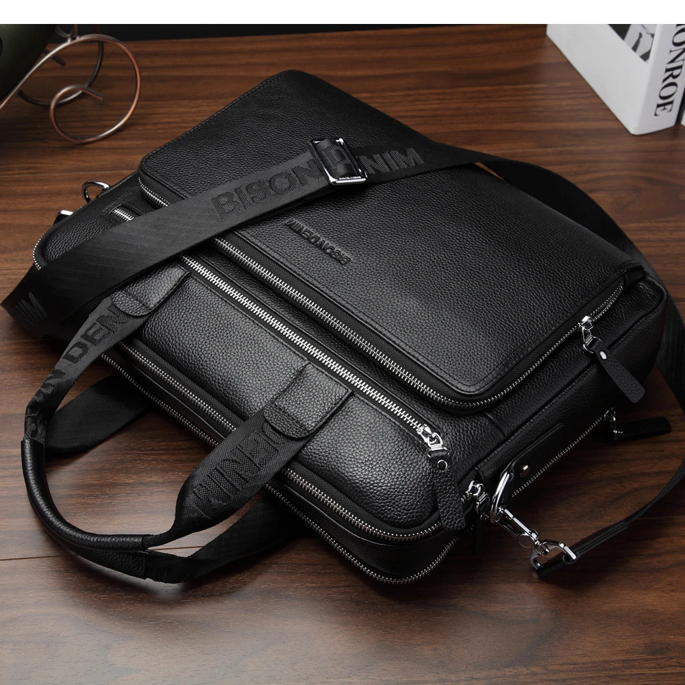BISON DENIM Men Bag Genuine Leather Work Briefcases 14 Laptop Mens Business Crossbody Messenger Shoulder For Man 241029