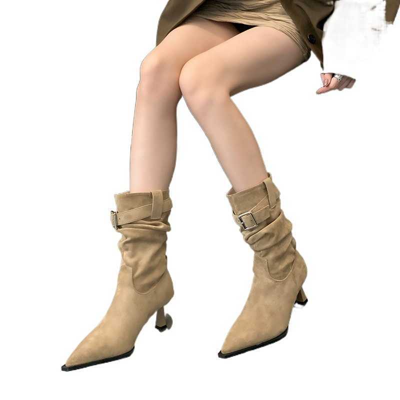 CMM Suede Pointed Pleated Stacking Boots for Women Autumn and Winter New High Heels Short Boots Thin Heels Western Cowboy Boots