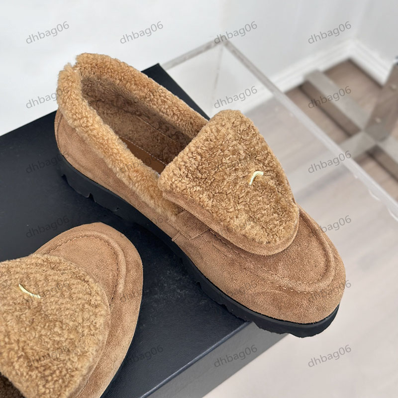 Designer Ladies Schoolbag Buckle Flip Plush Shoes Classic Round Toe Suede Non-Slip Casual Shoes Winter Warm Outdoor Loafers With Dust Bags