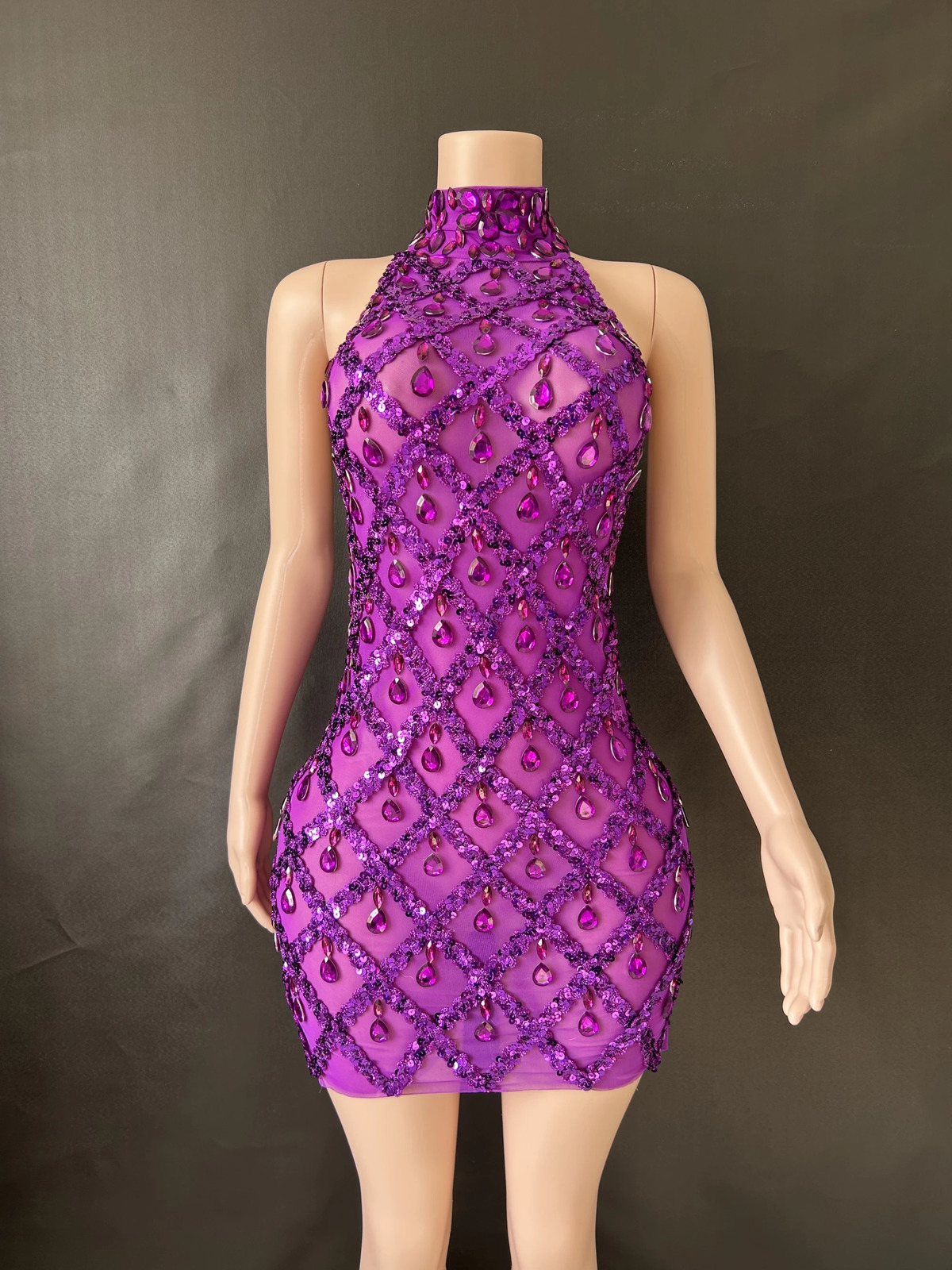 Women Sexy Stage Shining Rhinestone Sequins Dress Evening Prom Birthday Transparent Performance Singer Club Host 7G 240402