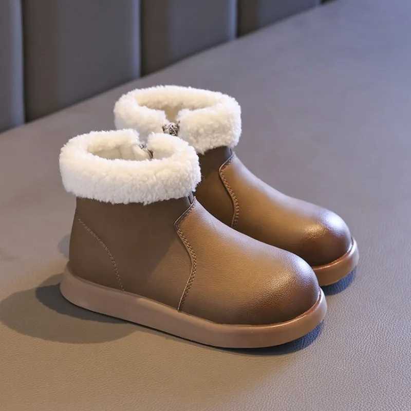 Girls winter boots soft and simple childrens snow boots solid color leather cover childrens warm cotton boots fashionable classic version zipper M2411