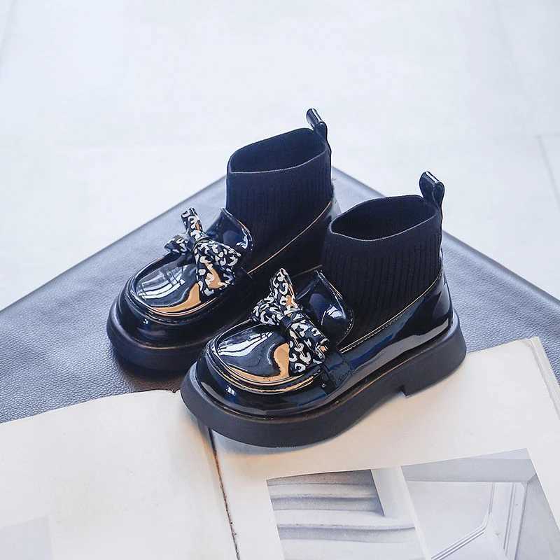 Girls Autumn Bow Leather Shoes Knitted Boots Childrens Leather Shoes Girls Princess Anti slip Ankle Boots Children M241102