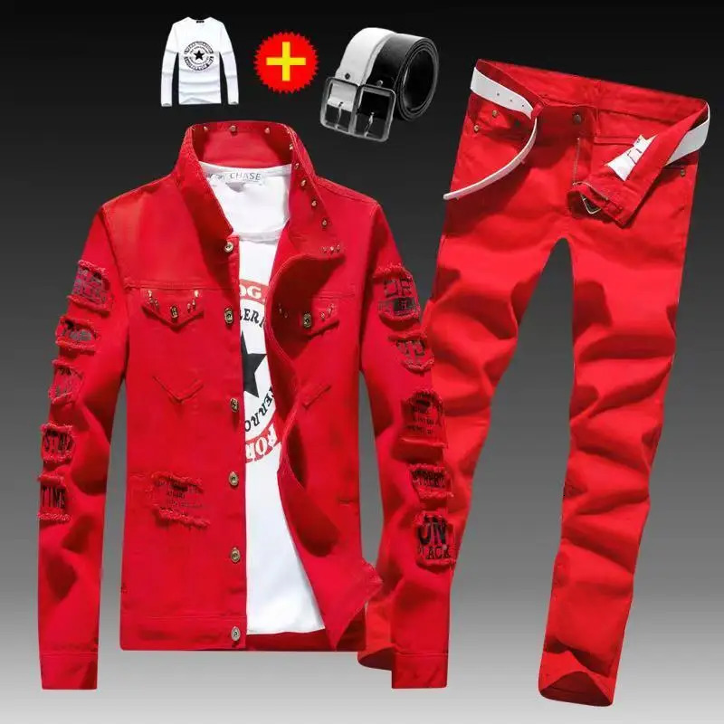 Spring and autumn mens denim jacketdenim pants set fashionable single corset mens two-piece denim set 241030