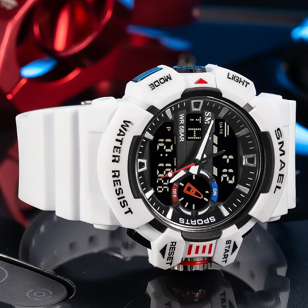 SMAEL Quartz Watch new for Men Waterproof Luminous Hands Dual Display Digital Wristwatch White Rubber Bracelet 2025 Sport Clock