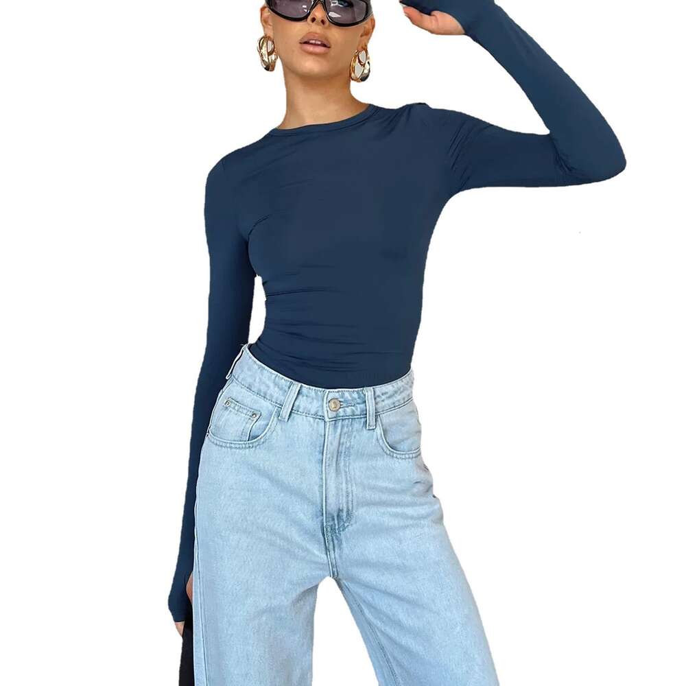 Womens 2023 Spring New T-shirt Solid Round Neck Underlay Shirt Slim Fit Wearing Hand Long Sleeve Top for Women