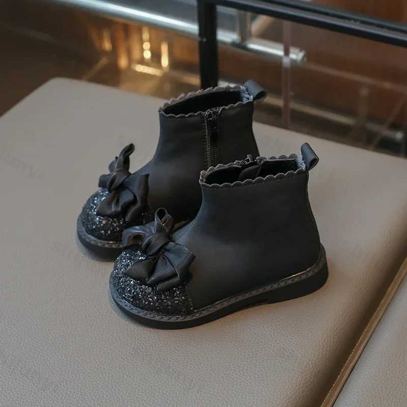 Fashion girl princess leather boots sweet bow sequins ankle boots childrens version side zipper boots anti slip childrens shoes M241102