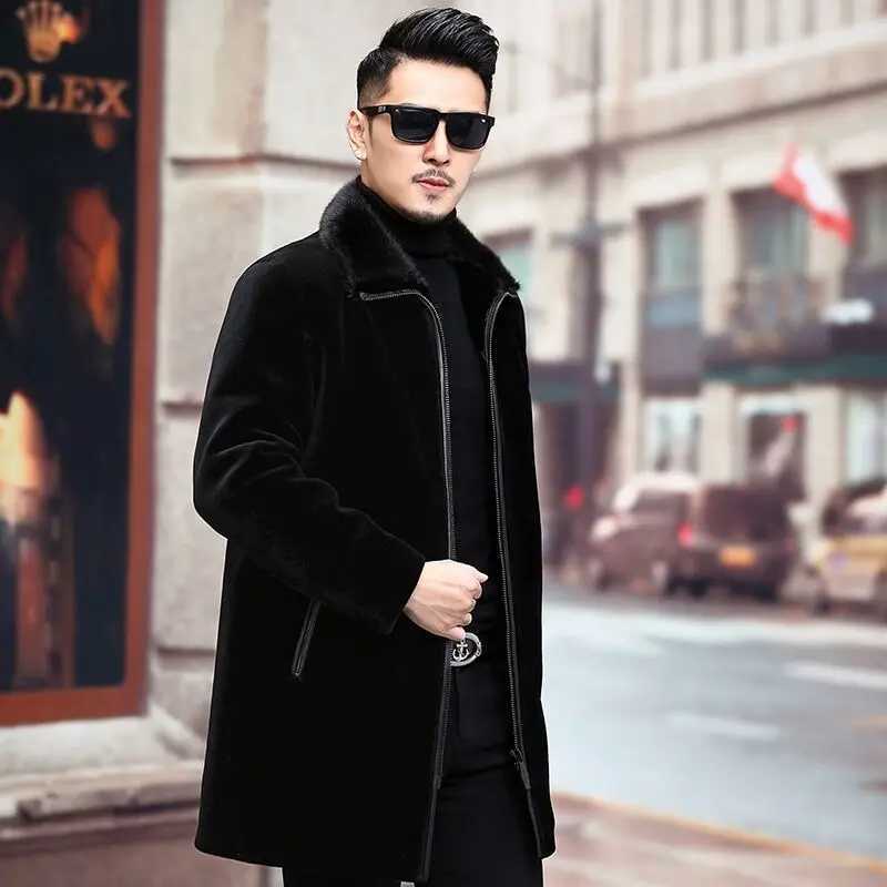 Mens mink coat imitation sheep shear coat mens mink midlength leisure windbreaker middle-aged jacket tideXJ241102