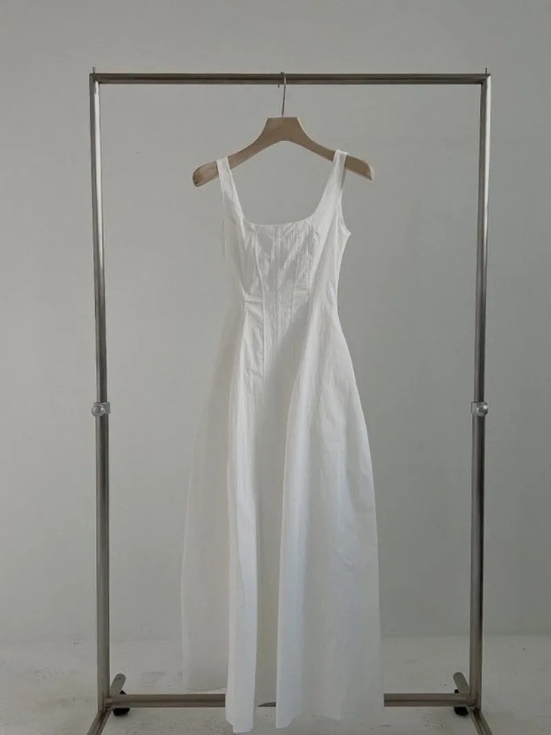 Elegant Pleated Dress Women Midi Solid Sleeveless Strap Female A-line Summer Korean Casual High Waist Lady Vestidos 240319