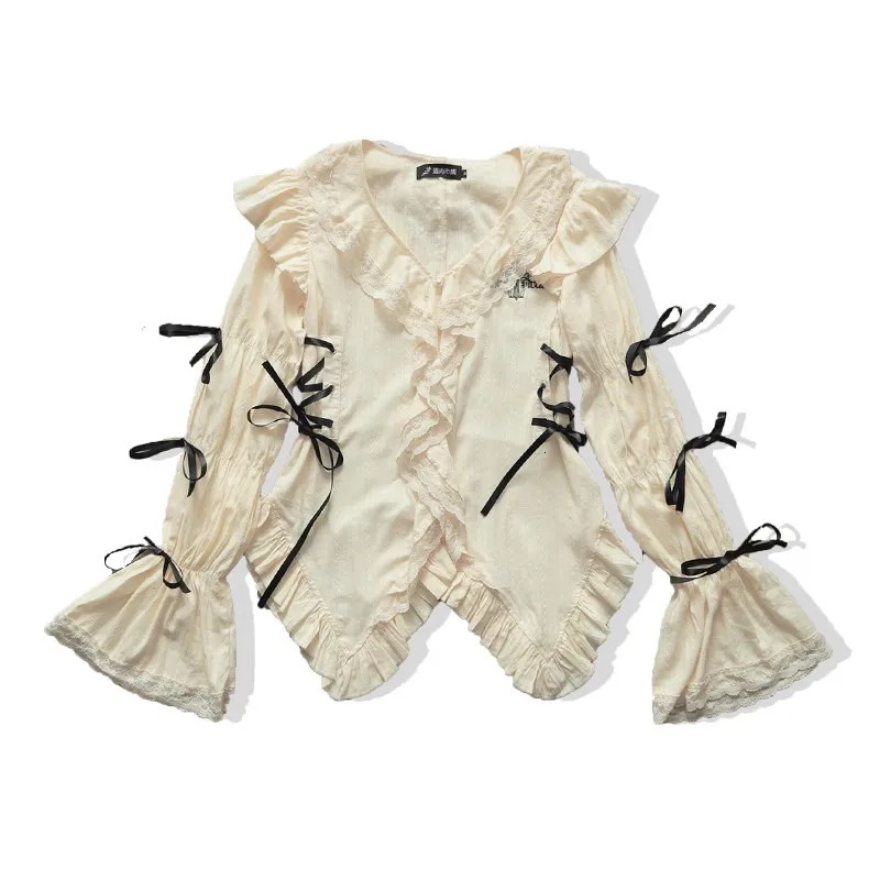 Karrram Y2k Aesthetics Lace Shirt Grunge Gothic Irregular Blouses Fairy Harajuku Bandage Shirt Vintage Lolita Clothes Mall Goth 240321