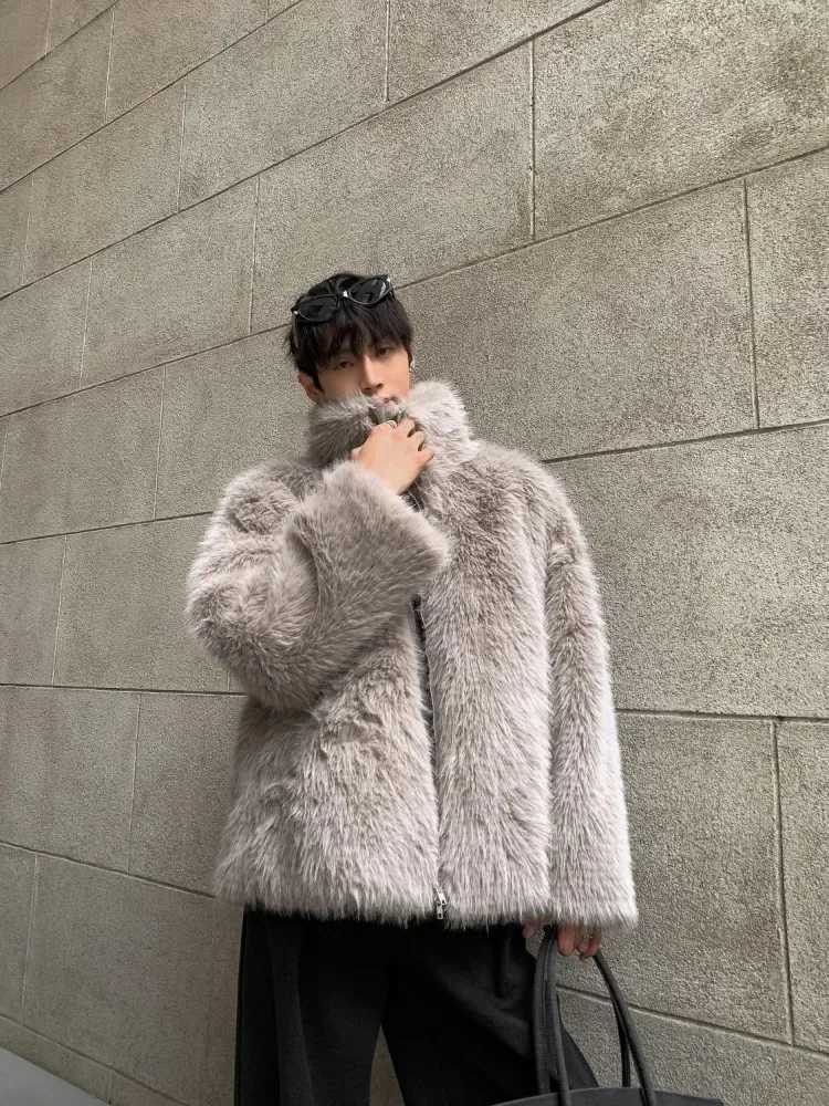 New Korean Fashionable Gray Environmentally Friendly Fur Jacket Men Winter Stand-up Collar Streetwear Fur One Imitation Fur CoatXJ241102